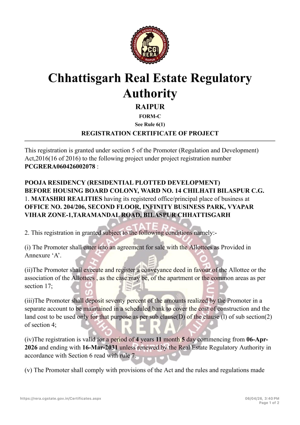 Chhattisgarh RERA Certificate